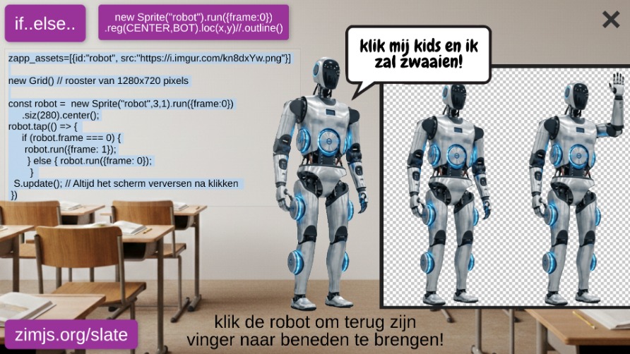 Zapp: Pic() or Sprite() , robot.png :klik knop = hand omhoog in klas (+code info)  | ZIM JavaScript Canvas Framework - Code Creativity