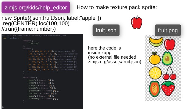 Zapp: all fruit.png new Sprite() texture packer + fruitJson(no external fruit.json link) | ZIM JavaScript Canvas Framework - Code Creativity