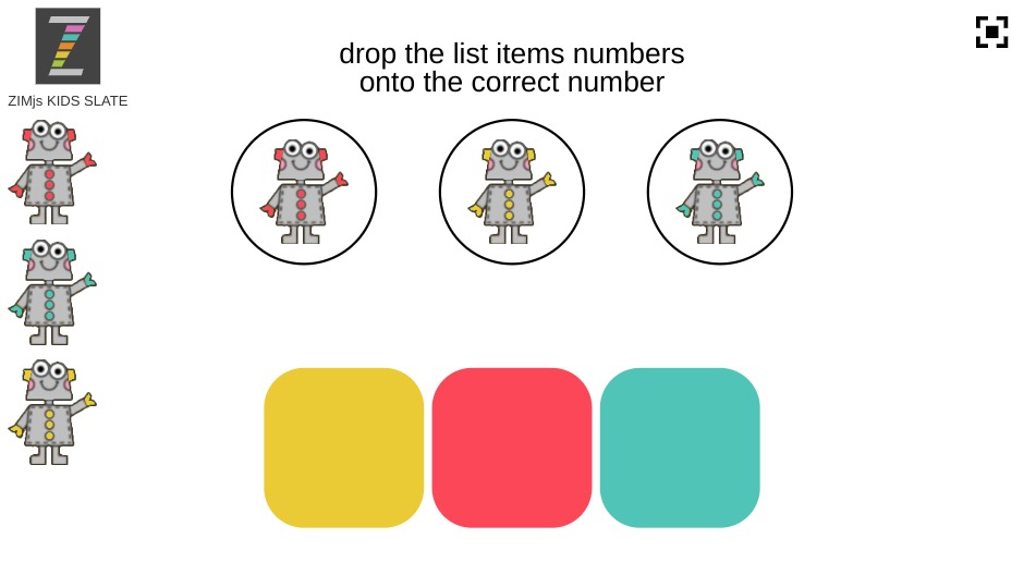 Zapp: DROP 3 robots row1on2 match robot-in-circle on rectangle colors (noBg) | ZIM JavaScript Canvas Framework - Code Creativity