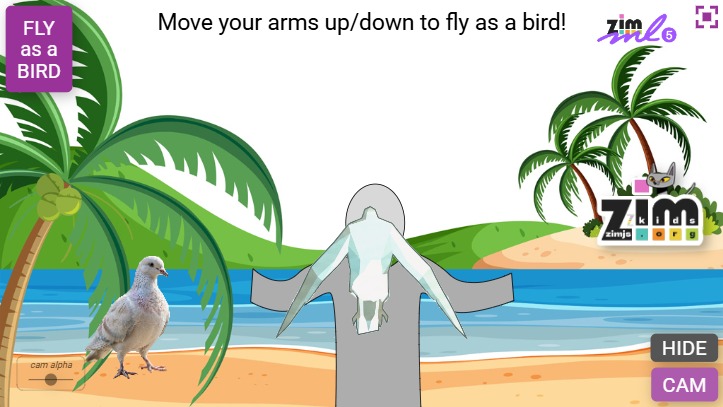 Zapp: Fly as a bird: move your arms as the wings of a bird (beach02.jpg+pigon) | ZIM JavaScript Canvas Framework - Code Creativity