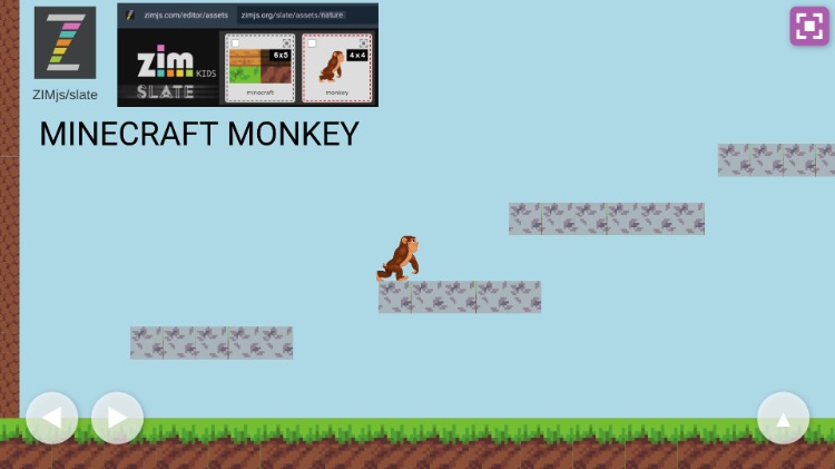 Zapp: Minecraft Monkey walk+jump on platforms (minecraft) touchArrows noGame | ZIM JavaScript Canvas Framework - Code Creativity
