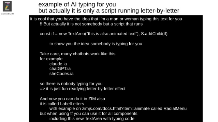 Zapp: animate text/code into a TextArea() (as it is written/typed by an AI chatbot) | ZIM JavaScript Canvas Framework - Code Creativity