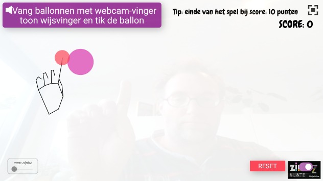 Zapp: ZIM+ml5js : vang afzonderlijk 10 ballonnen(cirkels) met webcam wijsvinger | ZIM JavaScript Canvas Framework - Code Creativity