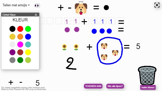 Zapp: Tellen met Emojis en cirkels (NL) Slepen van + - = en cirkels kleur geven | ZIM JavaScript Canvas Framework - Code Creativity