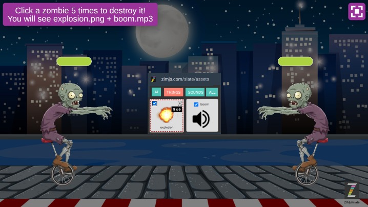 Zapp: Zombivison, animating zombie 2x + damage + explosion (no Indcator) | ZIM JavaScript Canvas Framework - Code Creativity