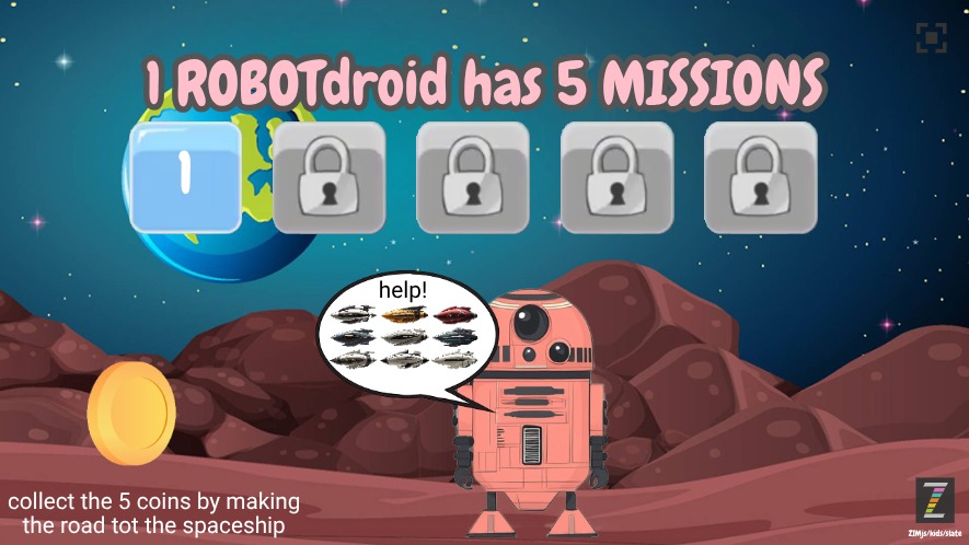 Zapp: Robot1Droid:5Tile: build array road to spaceshipCoin (drag+click) noIndicator | ZIM JavaScript Canvas Framework - Code Creativity