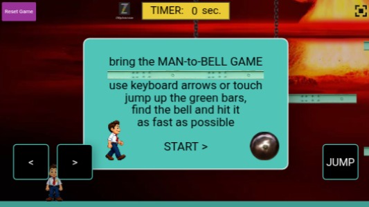 Zapp: balance game:man-to-bell, JUMP on FIX bars (TOUCH<>up)winLabel busman | ZIM JavaScript Canvas Framework - Code Creativity