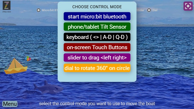 Zapp: TILTpane+microbit Pic(playboat) <>|sensor|touch|slider|dial+shark nomirror | ZIM JavaScript Canvas Framework - Code Creativity