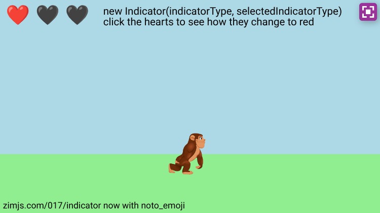 Zapp: noto_hearts indicator (to count lives) ZIMjs.com/017/indicator (+monkey) | ZIM JavaScript Canvas Framework - Code Creativity