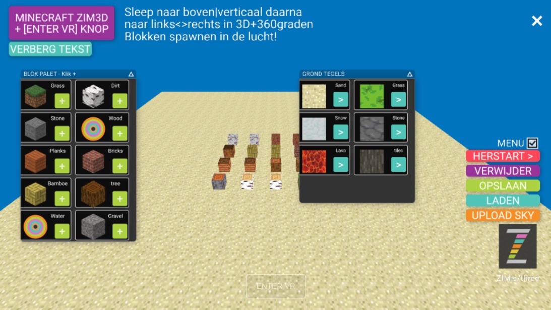 Zapp: 3Dbouwblokken MINECRAFT : klik+sleep op, links/rechts (NL-zand) KEUZE | ZIM JavaScript Canvas Framework - Code Creativity