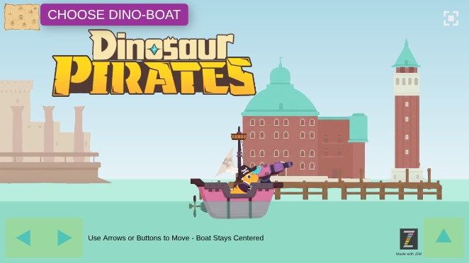 Zapp: dinoPirates(org.)+choose 2boats, and move <arrows> +jump (noShooting) | ZIM JavaScript Canvas Framework - Code Creativity
