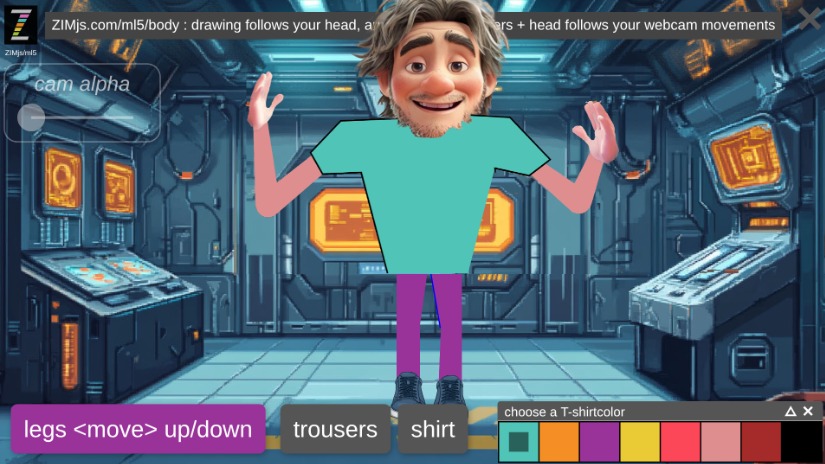 Zapp: sTickyman:professor2 T-shirt arms legs+shoes+hands:small+straight (ZIM+ml5) - Copy | ZIM JavaScript Canvas Framework - Code Creativity