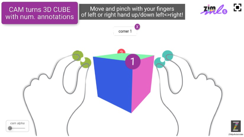 Zapp: PINCH thumb and long finger: to turn CUBE annotations (no sliders) | ZIM JavaScript Canvas Framework - Code Creativity