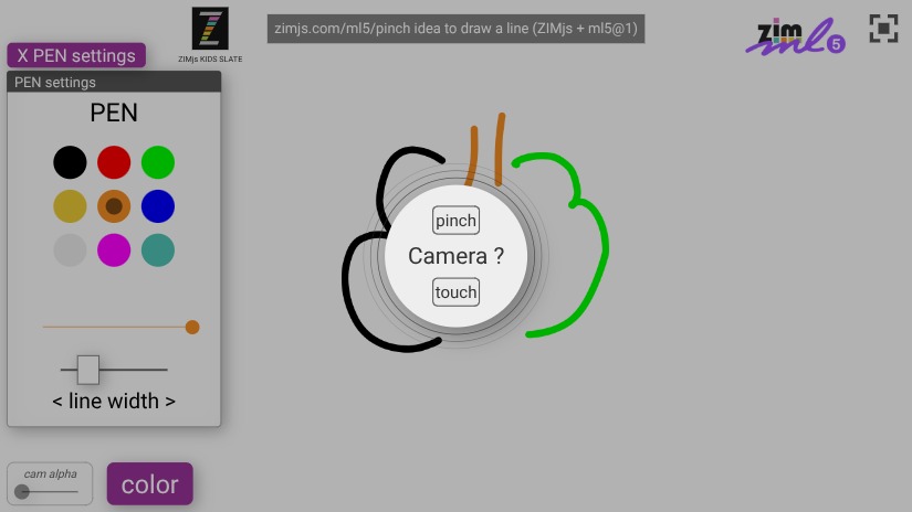 Zapp: ZIM+ml5 drawing ontop of webcam, with touch, or pinch (+pen settings) ENG | ZIM JavaScript Canvas Framework - Code Creativity