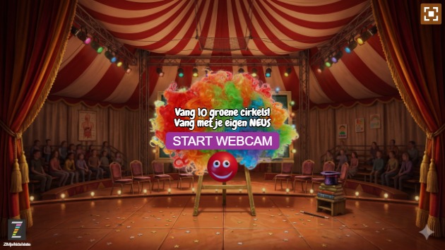 Zapp: Clown neus kan groene cirkels vangen.. probeer jezelf voor de camera! | ZIM JavaScript Canvas Framework - Code Creativity