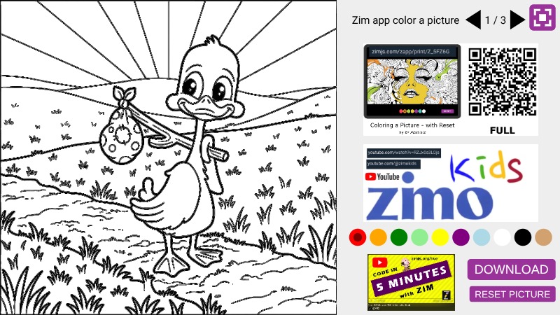 Zapp: Color FILL white/black pictures duck: 3pics +reset+download (ZIMoKids) | ZIM JavaScript Canvas Framework - Code Creativity