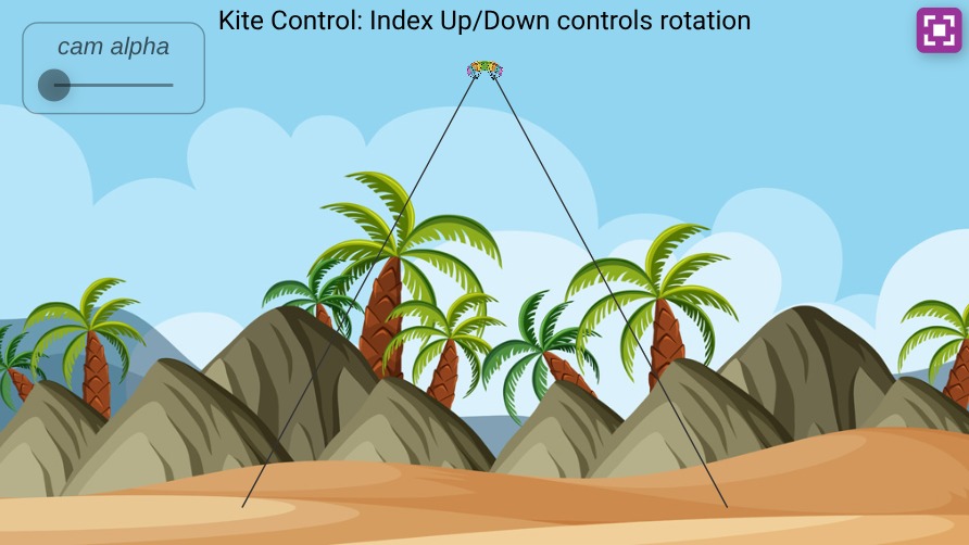 Zapp: fly around with 2 camfingers big kite2.png 2 longlines bigSm+ml5 ENG | ZIM JavaScript Canvas Framework - Code Creativity