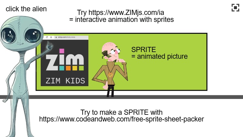 Zapp: sprite Dr. Abstract (Dan Zen) in classroom - with alien | ZIM JavaScript Canvas Framework - Code Creativity