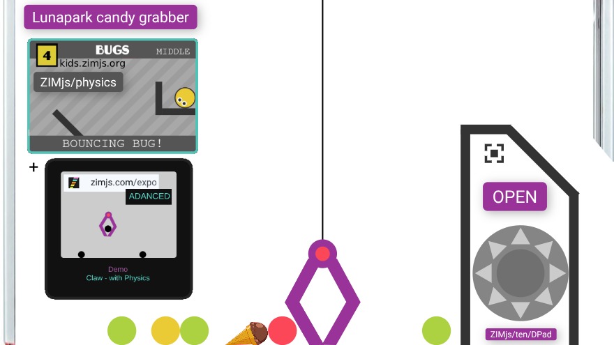 Zapp: factory crane: lunapark grabber: claw DPad to open+catch circles+icecream | ZIM JavaScript Canvas Framework - Code Creativity