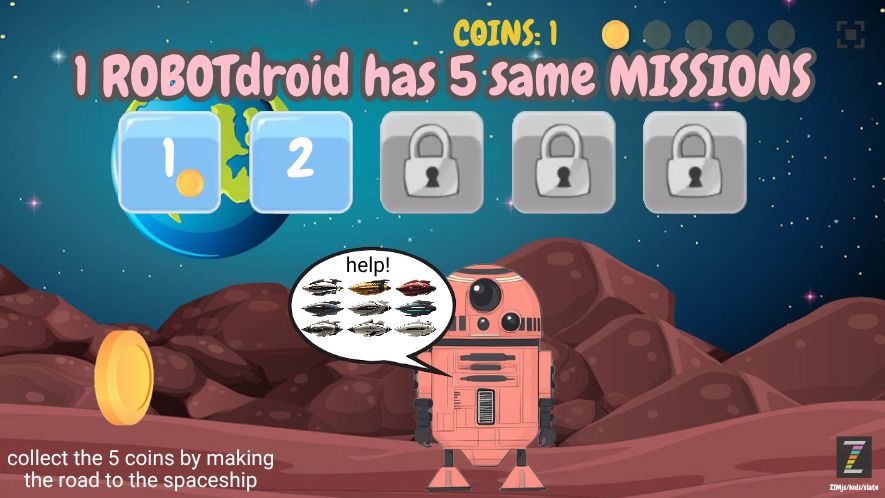 Zapp: Robot1Droid:5Tile: build array road to spaceshipCoin (drag+click) +Indicator | ZIM JavaScript Canvas Framework - Code Creativity