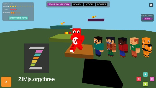 Zapp: Minecraft Steve+Maker+(a-r) platform GAME pijltjes+jump+touch : GRAS | ZIM JavaScript Canvas Framework - Code Creativity