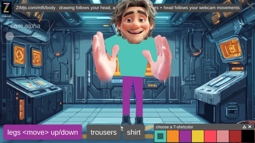 Zapp: sTickyman:professor1 T-shirt arms legs+shoes + hands:big+turn (ZIM+ml5) | ZIM JavaScript Canvas Framework - Code Creativity