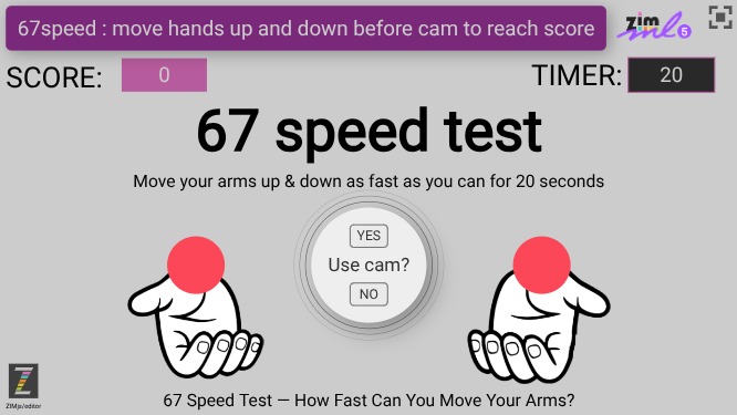 Zapp: 67speed: cam-game: zimjs.org/body red circles move up/down+ score+timer | ZIM JavaScript Canvas Framework - Code Creativity