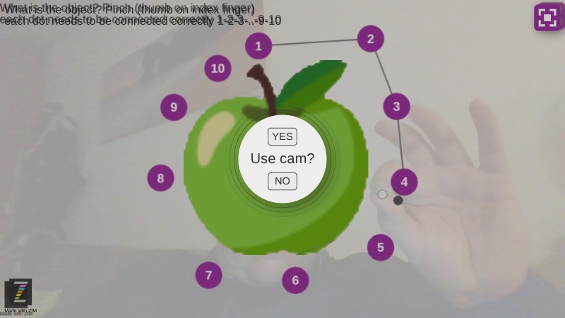 Zapp: connector game: apple big (pinch+drag on webcam) Zimjs.org/ml5/pinch - Copy | ZIM JavaScript Canvas Framework - Code Creativity