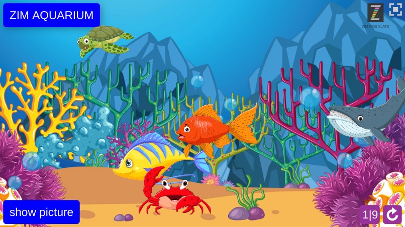 Zapp: (EN) Aquarium output (fish wiggles) choose aquarium (by a link of image via socket) | ZIM JavaScript Canvas Framework - Code Creativity