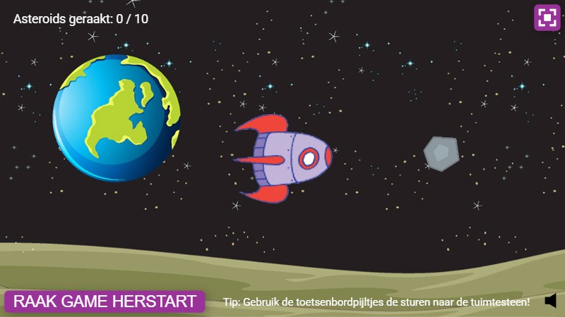 Zapp: Game asteroids laten ontploffen met raket (pijltjes alleen) + herstart fix pos. | ZIM JavaScript Canvas Framework - Code Creativity
