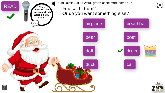 Zapp: Speech through microphone, 8 words checkmark+picture (SANTA) | ZIM JavaScript Canvas Framework - Code Creativity