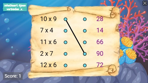 Zapp: Schatkaart maaltafels: willekeurig, tot x12 , verbinden 2 kolommen+score) | ZIM JavaScript Canvas Framework - Code Creativity