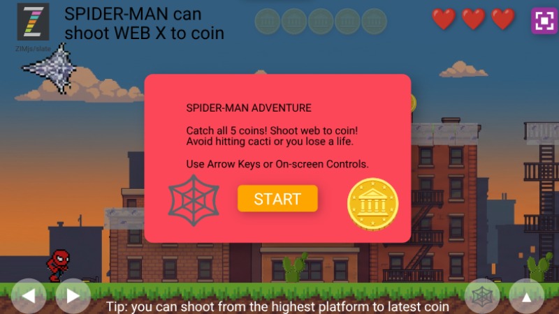 Zapp: Minecraft spiderMan walk+jumpshoot coins+ GAME (backingsversion2) | ZIM JavaScript Canvas Framework - Code Creativity
