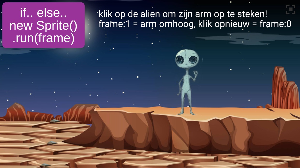 Zapp: Sprite(ai_alien03.png).run()desert:klik alien = if .. else .. frame-wissel(basis) | ZIM JavaScript Canvas Framework - Code Creativity