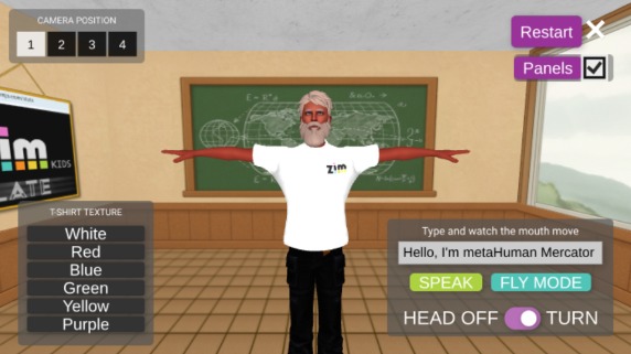 Zapp: MetaHuman T-pose: Mercator (3D+Tshirt) mouth/talk+360(noVRbtn) noWave | ZIM JavaScript Canvas Framework - Code Creativity