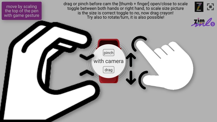 Zapp: GESTURE=touch=scale/drag or PINCH=CAMdrag+scale bin (between fingers) | ZIM JavaScript Canvas Framework - Code Creativity