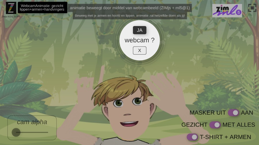 Zapp: ZIM+ml5 m. Sander: oog.gif + mond.png opent + arm+handvingers (NL) | ZIM JavaScript Canvas Framework - Code Creativity