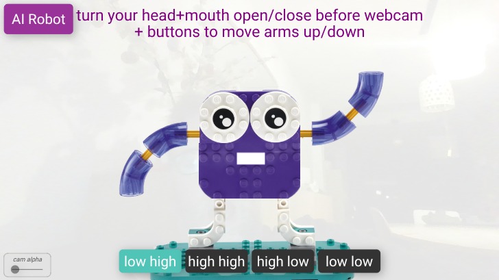 Zapp: RobotLego webcam moves head+mouth: buttons to move arms (-back)+btns | ZIM JavaScript Canvas Framework - Code Creativity