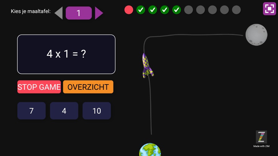 Zapp: maaltafels moon (no localmemory) : fti raket naar de maan | ZIM JavaScript Canvas Framework - Code Creativity