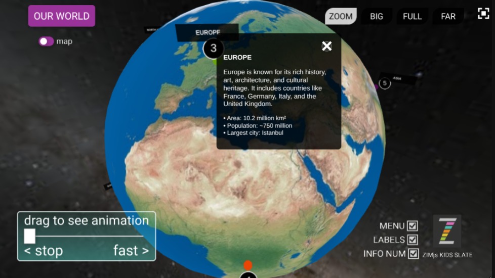 Zapp: 3D world with clickable colored INFO NUMbers+annotation + toggle LABELS | ZIM JavaScript Canvas Framework - Code Creativity