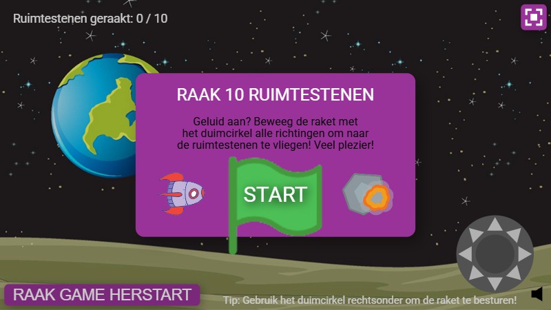 Zapp: Game asteroids laten ontploffen met raket (duim-pad) + herstart fix pos. | ZIM JavaScript Canvas Framework - Code Creativity