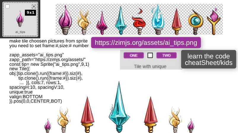 Zapp: SPRITE ai_tips.png: learn to tile sprite pictures(set different frame+size) | ZIM JavaScript Canvas Framework - Code Creativity