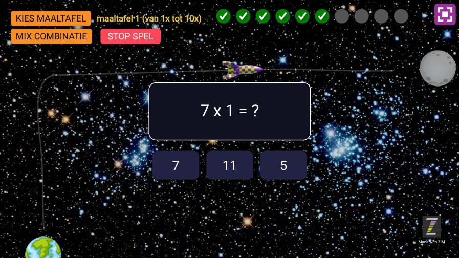Zapp: maaltafels RUIMTE: fti raket > maan + kies (mix|1>10|schud) + slaat op | ZIM JavaScript Canvas Framework - Code Creativity