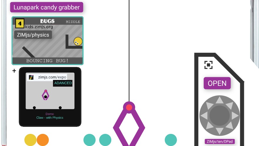 Zapp: factory crane: lunapark candy grabber: claw DPad to open+catch circles | ZIM JavaScript Canvas Framework - Code Creativity
