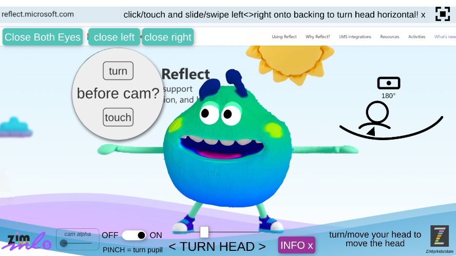 Zapp: BlueMonster: turns towards camhead+eyeball towards pinch+autoblink | ZIM JavaScript Canvas Framework - Code Creativity