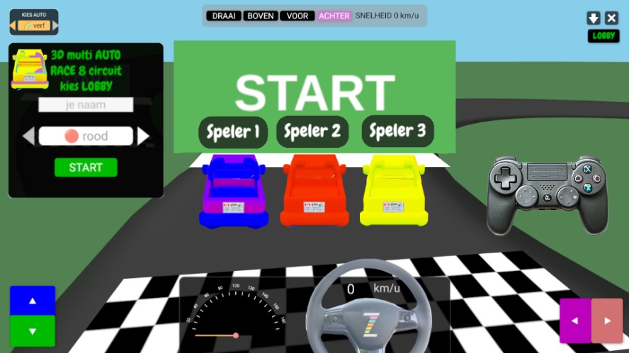 Zapp: 3D Multi4Auto's + NaamBord: 8circuit: 2Dlobby+START+lijnen (zim_socket) | ZIM JavaScript Canvas Framework - Code Creativity