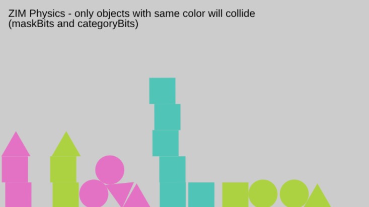 Zapp: physicsbits - same colored object collide tri+rect+circles | ZIM JavaScript Canvas Framework - Code Creativity