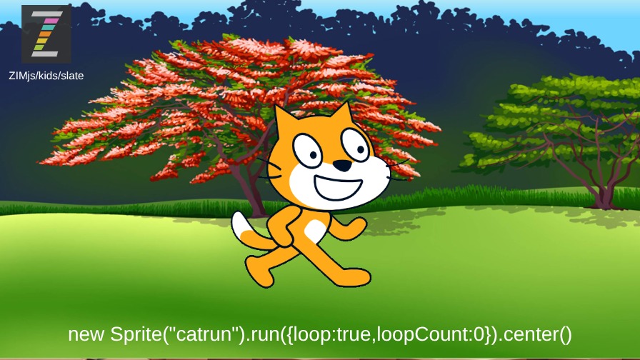 Zapp: Scratch catrun.png > ZIM new Sprite().run({time:, loop:, loopCount:)  | ZIM JavaScript Canvas Framework - Code Creativity