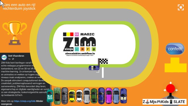 Zapp: raceCircuit , kies een auto en rij rond (+ SETT promo) + joystick rechts | ZIM JavaScript Canvas Framework - Code Creativity