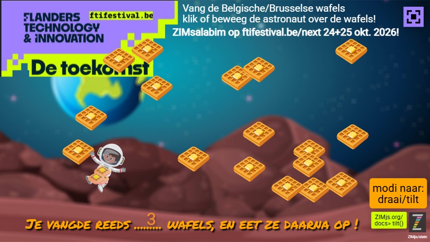 Zapp: ZIM 020 Tilt+klik: astronaut 20 wafels : kies zelf hoe je speelt (.tilt()) okFull | ZIM JavaScript Canvas Framework - Code Creativity